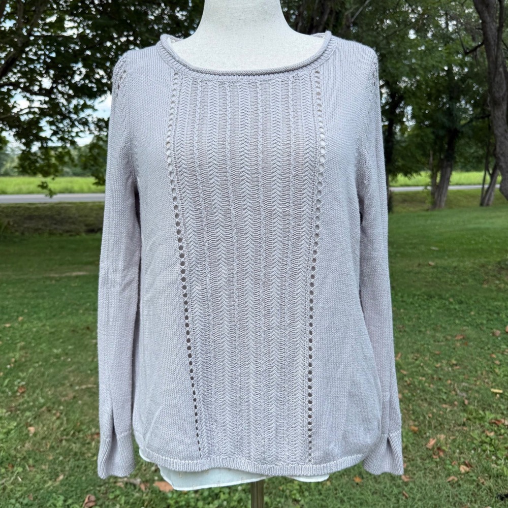 Lucky Brand Womens Taupe Metallic Knit Split Back Layered Sweater M Neutral Boho